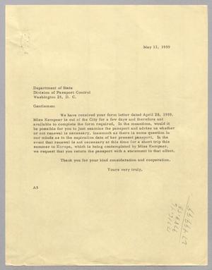 Primary view of object titled '[Letter from Arthur M. Alpert to Department of State, May 11, 1959]'.