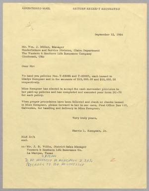 [Letter from Harris L. Kempner, Jr. to William J. Miller, September 12,1964]