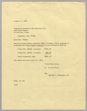 [Letter from Harris L. Kempner Jr. to Western & Southern Life Insurance Company, August 11, 1964]