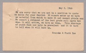 [Postal Card from Cousens & Pratt Inc. to Harris Leon Kempner, May 2, 1946]
