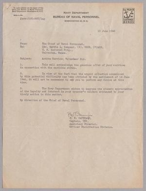 [Letter from Bureau of Naval Personnel to Cdr. Harris L. Kempner, June 19, 1946]