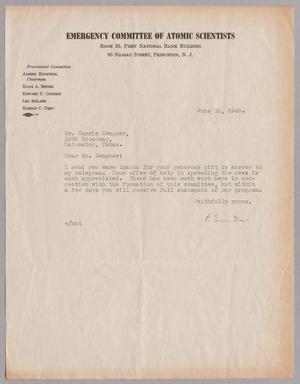 Primary view of object titled '[Letter from Emergency Committee of Atomic Scientists to Mr. Harris Kempner, June 18, 1946]'.