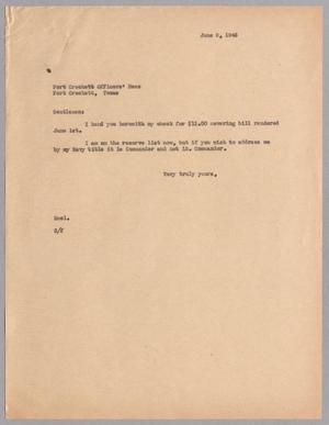[Letter from Harris L. Kempner to Fort Crockett Officers' Mess, June 8, 1946]