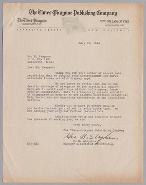 Primary view of object titled '[Letter from The Times-Picayune Publishing Company to Mr. H. Kempner, July 13, 1946]'.