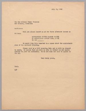 Primary view of object titled '[Letter from Harris L. Kempner to The New Orleans Times Picyaune, July 11, 1946]'.