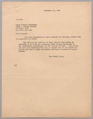[Letter from Harris L. Kempner to Major Bernard Bernardoni, September 21, 1946]