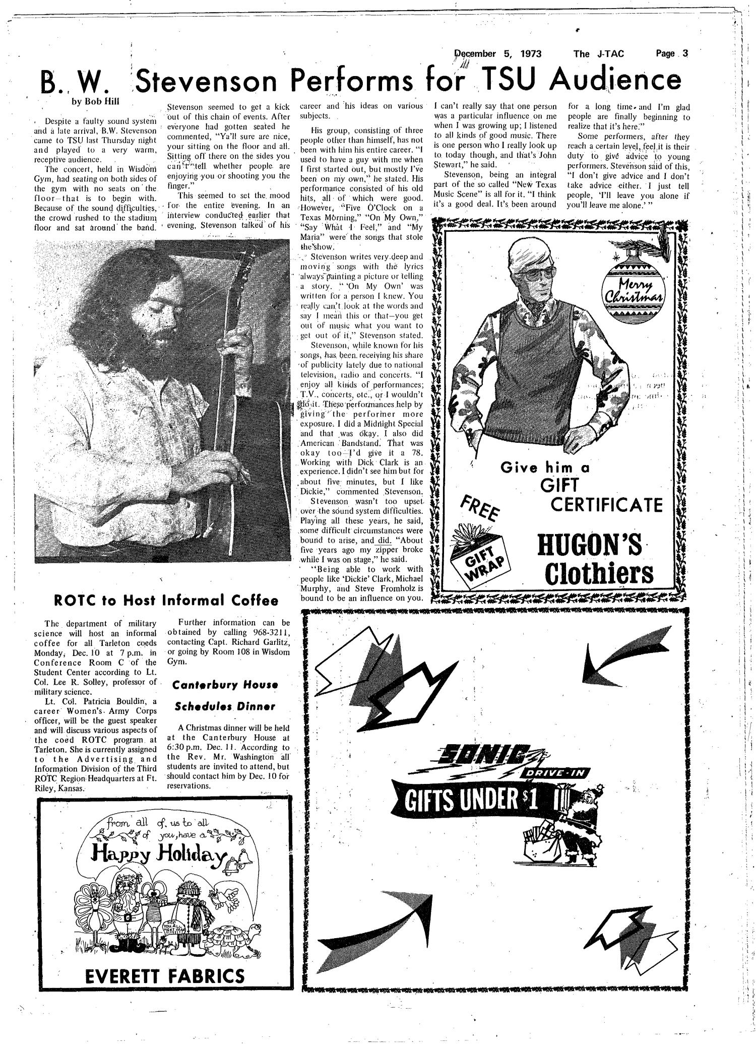 The J-TAC (Stephenville, Tex.), Vol. 54, No. 12, Ed. 1 Wednesday, December 5, 1973
                                                
                                                    [Sequence #]: 3 of 12
                                                