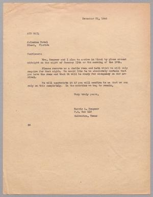 [Letter from Harris L. Kempner to Columbus Hotel, December 31, 1946]