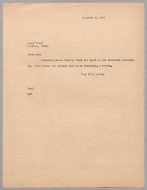 [Letter from Harris Leon Kempner to Lamar Hotel, December 3, 1946]