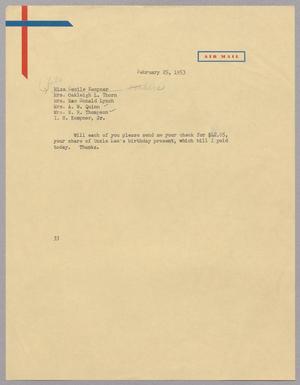 [Letter from Harris L. Kempner to Family, February 25, 1953]