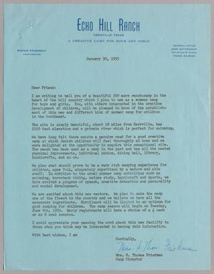 Primary view of object titled '[Letter from Mrs. S. Thomas Friedman, January 30, 1953]'.