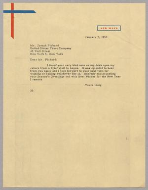 Primary view of object titled '[Letter from Harris L. Kempner to Mr. Joseph Pickard, January 7, 1953]'.