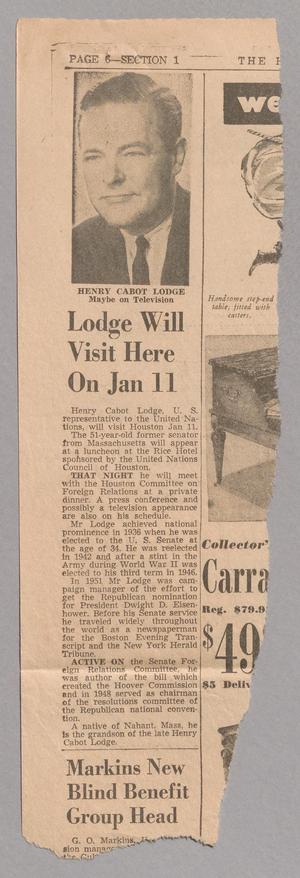 [Clipping: Lodge Will Visit Here On Jan 11]