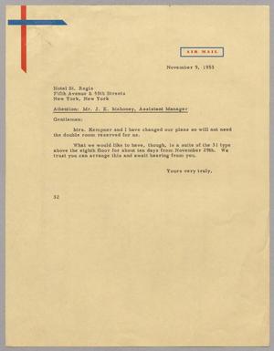 [Letter from Harris L. Kempner to the Hotel St. Regis, November 9, 1953]