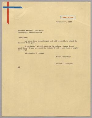 Primary view of object titled '[Letter from Harris L. Kempner to Harvard Athletic Association, November 9, 1953]'.