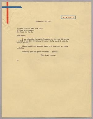 [Letter from Harris L. Kempner to Harvard Club of New York, November 12, 1953]