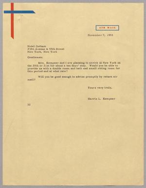 [Letter from Harris L. Kempner to Hotel Gotham, November 7, 1953]