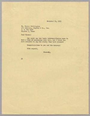 [Letter from Harris L. Kempner to Mr. Harmon Whittington, November 11, 1953]
