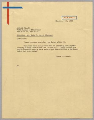 [Letter from Harris L. Kempner to Savoy Plaza, November 10, 1953]