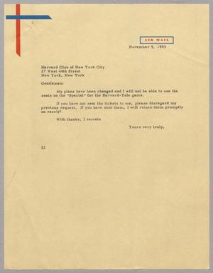 [Letter from Harris L. Kempner to Harvard Club of New York City, November 9, 1953]