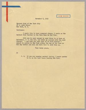 [Letter from Harris L. Kempner to Harvard Club of New York City, November 6, 1953]