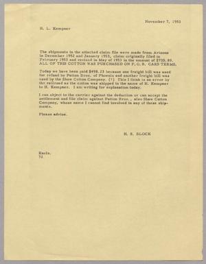 Primary view of object titled '[Letter from Daniel W. Kempner to H. L. Kempner, November 7, 1953]'.