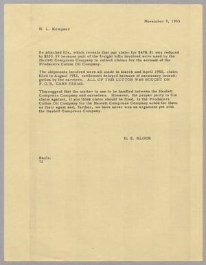 [Letter from Daniel W. Kempner to H. L. Kempner, November 7, 1953]