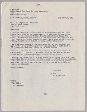[Letter from H. M. Baldrige to Mr. I. H. Kempner, Jr., September 30, 1953]
