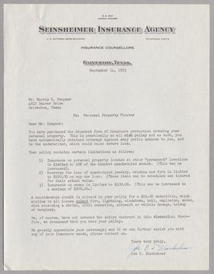 [Letter from Joe C. Blackshear to Mr. Harris L. Kempner, September 14, 1953]
