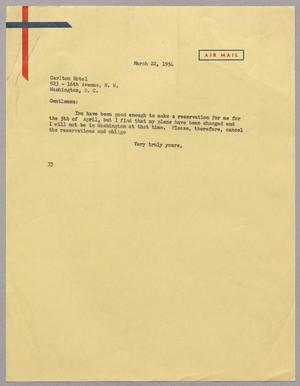 [Letter from Harris L. Kempner to Carlton Hotel, March 22, 1954]