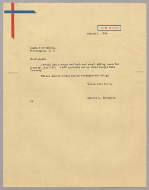 [Letter from Harris L. Kempner to Carlton Hotel, March 3, 1954]