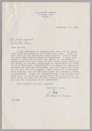 Primary view of object titled '[Letter from Dr. James E. Thompson to Mr. Harris Kempner, September 10, 1954]'.
