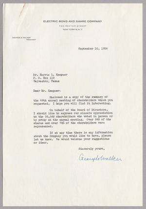 [Letter from George G. Walker to Mr. Harris L. Kempner, September 10, 1954]