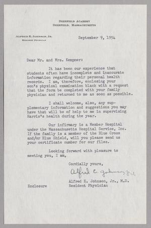 [Letter from Alfred E. Johnson, Jr. to Mr. and Mrs. Kempner, September 9, 1954]
