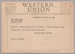 [Telegram from Ruth and Harris Leon Kempner to Ann McLean, June 29, 1954]