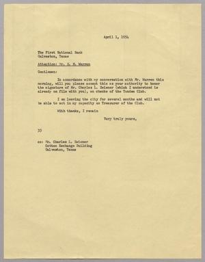 [Letter from Harris L. Kempner to The First National Bank, April 1, 1954]