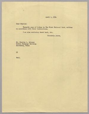 [Letter from Harris Leon Kempner to Charles L. Zwiener, April 1, 1954]