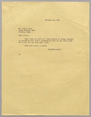[Letter from Harris L. Kempner to Mr. Lovett Baker, November 30, 1954]