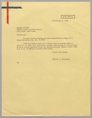 [Letter from Harris L. Kempner to Mark Cross, November 2, 1954]