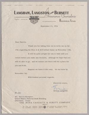 [Letter from Ernest Langston to Mr. Harris Kempner, September 21, 1954]