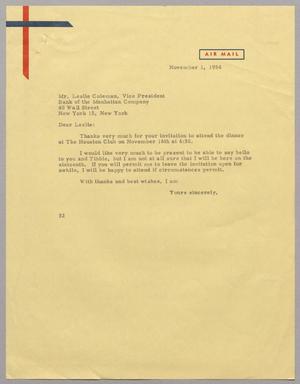 Primary view of object titled '[Letter from Harris L. Kempner to Mr. Leslie Coleman, November 1, 1954]'.