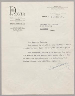 [Letter from David Freres to Harris Leon Kempner, October 2, 1954]