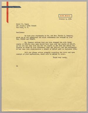 [Letter from A. H. Blackshear, Jr. to the Hotel St. Regis, October 2, 1954]