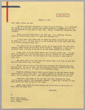 [Letter from Harris L. Kempner to Jeane, Gladys and Dan, October 6, 1954]