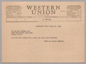 [Telegram from Ruth and Harris Kempner to Mr. and Mrs. Tobert Owen, March 19, 1955]