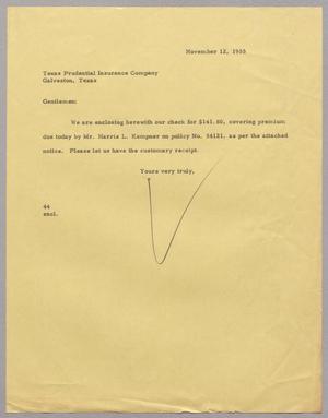 Primary view of object titled '[Letter from A. H. Blackshear, Jr. to Texas Prudential Insurance Company, November 12, 1955]'.