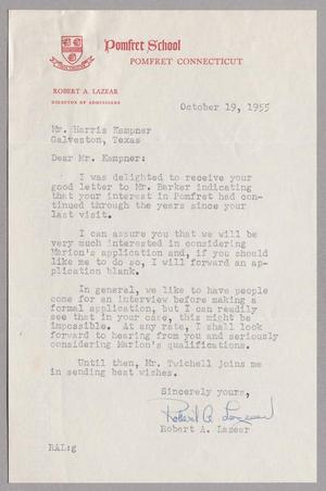 Primary view of object titled '[Letter from Pomfret School to Mr. Harris Kempner, October 19, 1955]'.