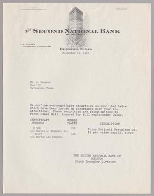 [Letter from The Second National Bank of Houston to Mr. H. Kempner, September 15, 1955]