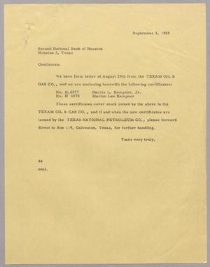 [Letter from A. H. Blackshear, Jr. to Second National Bank of Houston, September 3, 1955]