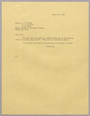 Primary view of object titled '[Letter from Harris L. Kempner to the Texas Prudential Insurance Company, August 30, 1955]'.